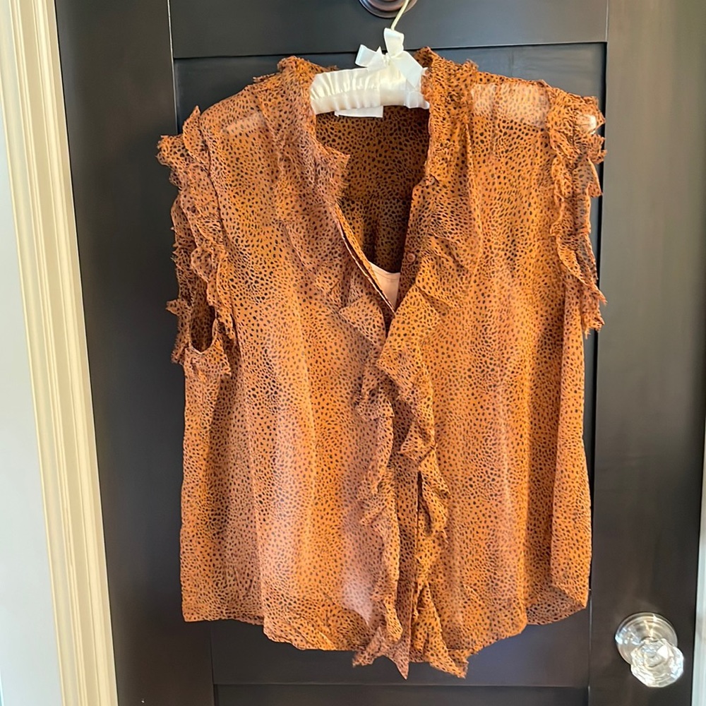 7 For All Man Kind ruffle sheer animal print silk blouse with cami included - Picture 1 of 7